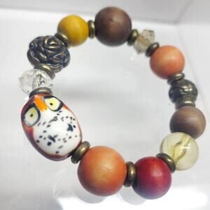 Hand Painted Owl Wood Bead Stretch Bracelet